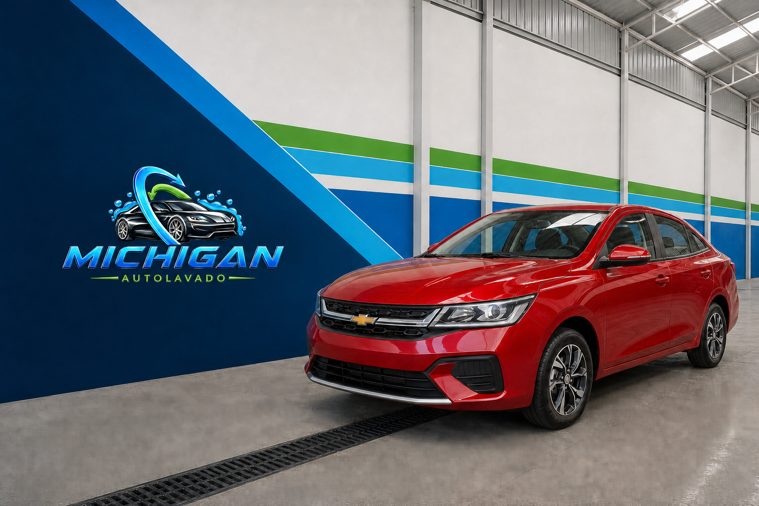 Automóvil rojo recién lavado en las instalaciones de Michigan Autolavado